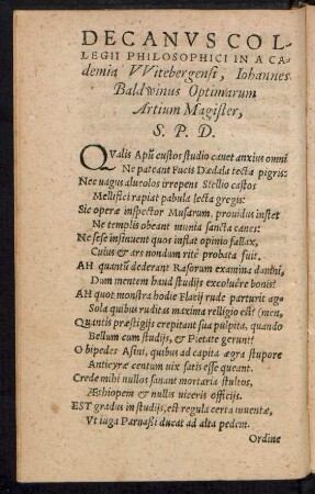 Decanus Collegii Philosophici In Academia Witebergensi, Johannes Baldwinus Optimarum Artium Magister, S. P. D.