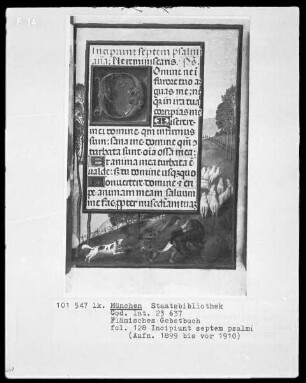 Flämisches Gebetbuch mit Kalender — Simson tötet den Löwen mit seinen Händen, Folio 128recto