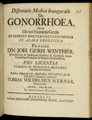Disputatio Medica Inauguralis De Gonorrhoea