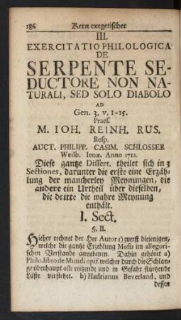 III. Exercitatio Philologica De Serpente Seductore Non Naturali, Sed Solo Diabolo ...