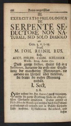 III. Exercitatio Philologica De Serpente Seductore Non Naturali, Sed Solo Diabolo ...