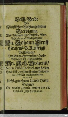 [Fünfte Abdanckung] Leich-Reede Bei ... Beerdigung Des ... Hn. Johann Ernst Braiens, ... Des ... Hn. Joh. Braiens