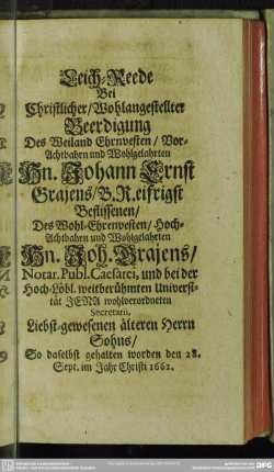 [Fünfte Abdanckung] Leich-Reede Bei ... Beerdigung Des ... Hn. Johann Ernst Braiens, ... Des ... Hn. Joh. Braiens