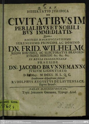 Dissertatio Iuridica De Civitatibus Imperialibus Et Nobilibus Immediatis