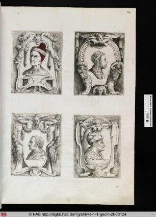 oben links: Mit Masken verzierte Kartusche mit Porträt.
