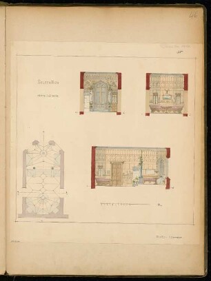 Täfelung eines Kabinetts Monatskonkurrenz Dezember 1860: Grundriss, Aufrisse 3 Wände; Maßstabsleiste