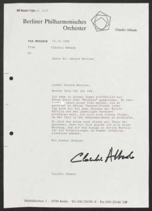 Brief an Gerard Mortier, 12.12.1995