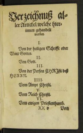 Verzeichnuß aller Artickel/ welche hierinnen gehandelt werden.