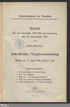 1907/08(1908): Bericht : über das Vereinsjahr ... und Abrechnung über das Geschäftsjahr ..