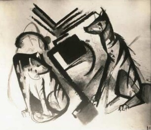 Marc, Franz. Zwei Wölfe. Tuschpinselzeichnung, Aquarellfarben. 1913