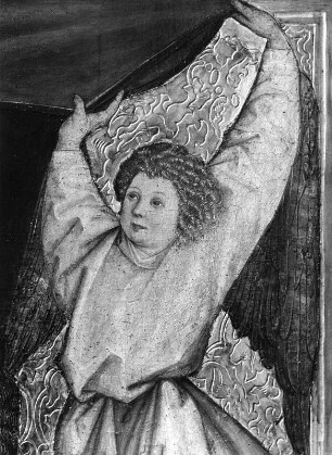 Margarethen-Altar : Margarethen-Altar. Holz, bemalt (um 1461/1470). Heilige Margaretha, den Kreuzstab in den Drachen stoßend. Detail mit Engel. Graz, Leech-Kirche (Maria am Leech)