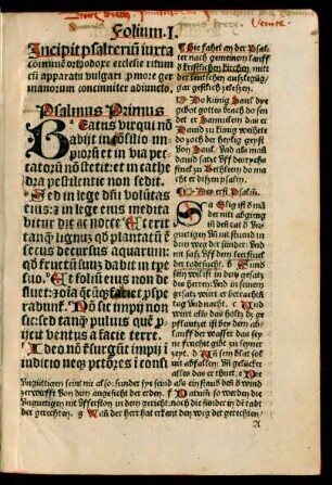 Incipit Psalterium iuxta comunem orthodoxe ecclesie ritum cum apparatu vulgari pro more germanorum concinniter adiuncto.
