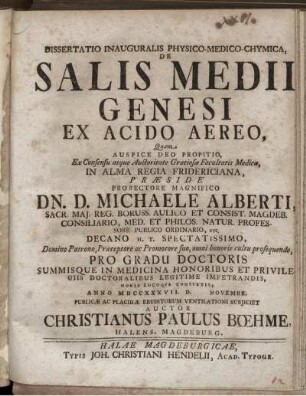 Dissertatio Inauguralis Physico-Medico-Chymica, De Salis Medii Genesi Ex Acido Aereo