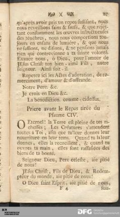 Priere avant le Repas tirée du Psaume CIV.