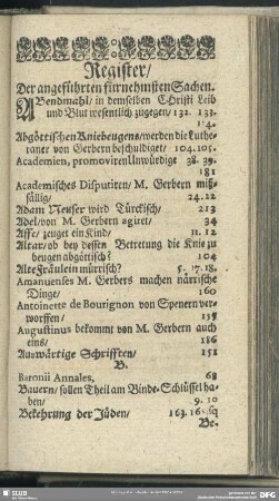 Register, Der angeführten fürnehmsten Sachen