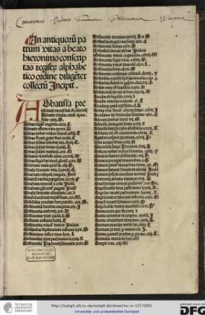 In antiquorum patrum vitas a beato Hieronimo conscriptas registrum alphabetico ordine diligenter collectum incipit.