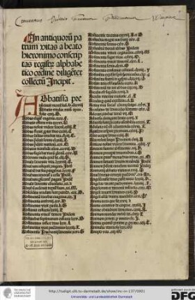 In antiquorum patrum vitas a beato Hieronimo conscriptas registrum alphabetico ordine diligenter collectum incipit.