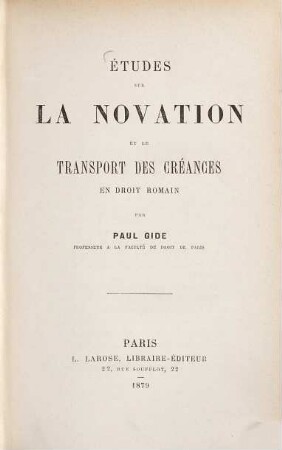 Études sur la novation et le transport des créances en droit romain