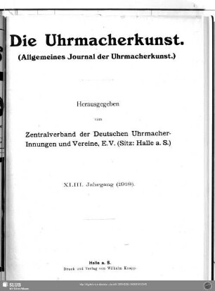 Titelblatt. Die Uhrmacherkunst XLIII. Jahrgang (1918)