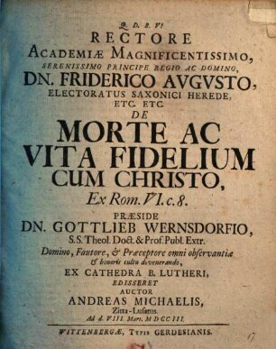 De morte ac vita fidelium cum Christo, ex Rom. VI, 8. disp.