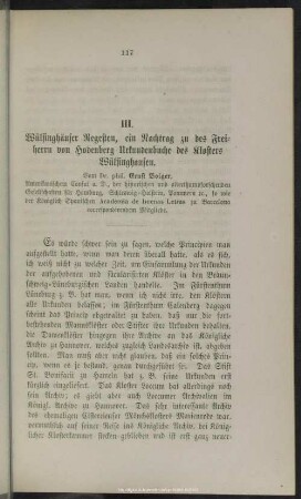 III. Wülfinghäuser Regesten, ein Nachtrag zu des Freiherrn von Hodenberg Urkundenbuche des Klosters Wülfinghausen