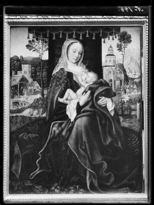 Maria lactans vor einer Landschaft. Im Hintergrund Geburt Christi und Anbetung der Könige