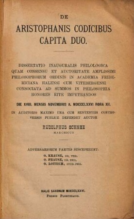 De Aristophanis codicibus capita duo