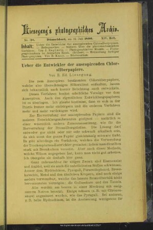 Ueber die Entwickler der auscopirenden Chlorsilberpapiere
