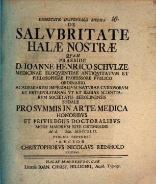 Dissertatio inavgvralis medica de salvbritate Halae nostrae