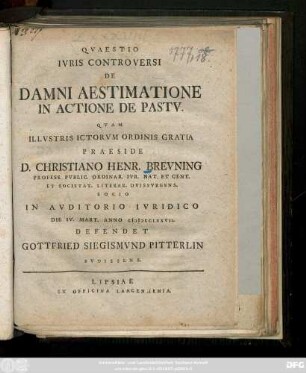 Qvaestio Ivris Controversi De Damni Aestimatione In Actione De Pastv