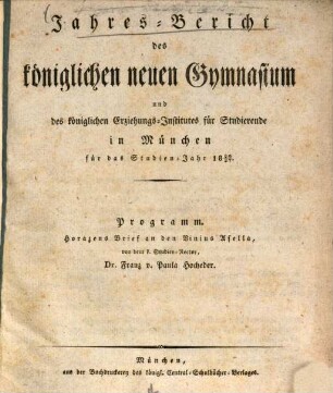 Jahres-Bericht über das Königliche Neue Gymnasium und das Königliche Erziehungs-Institut für Studirende in München : im Studienjahre ... 1826/27