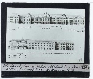 Stuttgart, Neues Schloss,Neumann, Stuttgarter Schloss, Kleiner Entwurf, Stadtfront, Längsschnitt, Teilgrundriss (Stuttgart UB Rara 3 Z 8,4,r. Schefold Nr.8019/8021) : Aufriss, Schnitt, Grundrisse