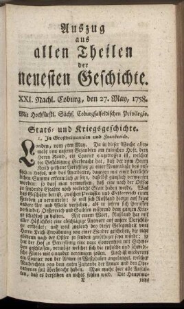 XXI. Nachl. Coburg, den 27. May, 1758.