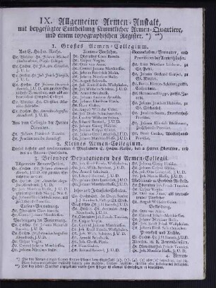 IX. Allgemeine Armen-Anstalt, mit beygefügter Eintheilung sämmtlicher Armen-Quartiere, und einem topographischem Register.