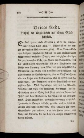 Dritte Rede. Einfluß der Ungleichheit auf höhere Glückseligkeit. - Vierte Rede. Innerliche und wesentliche Gleichheit der Menschen nach ihrer Natur.