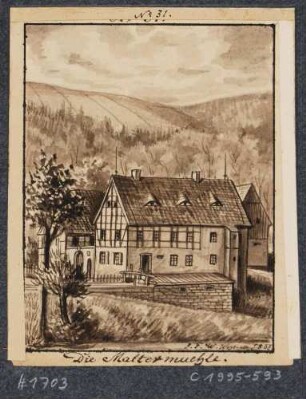 Die Maltermühle am linken Ufer der Roten Weißeritz in Malter, Nr. 31 aus J. F. W. Wegeners Mappe "Die rothe Weißeritz", 2. Teil, von 1837