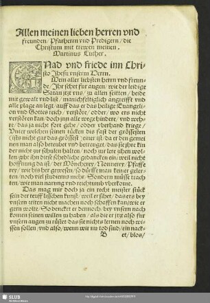 Allen meinen lieben herren und freunden, Pfarherrn und Prediger, die Christum mit trewen meinen