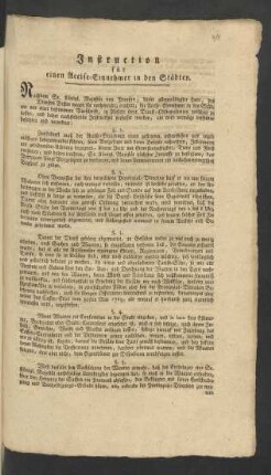 Instruction für einen Accise-Einnehmer in den Städten : [Gegeben Berlin, den 10ten May, 1787]