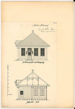 Wartehalle Monatskonkurrenz Februar 1908: Aufriss Seitenansicht, Querschnitt; Maßstabsleiste