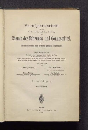 1.1886: Vierteljahresschrift über die Fortschritte auf dem Gebiete der Chemie der Nahrungs- und Genußmittel, der Gebrauchsgegenstände sowie der hierher gehörenden Industriezweige
