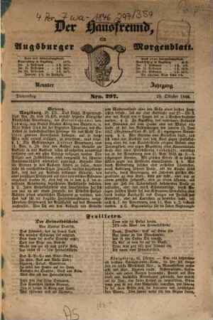 Der Hausfreund : ein Augsburger Morgenblatt. 1846, 297 (29.Okt.) - 359 (31.Dez.) = Jg. 9