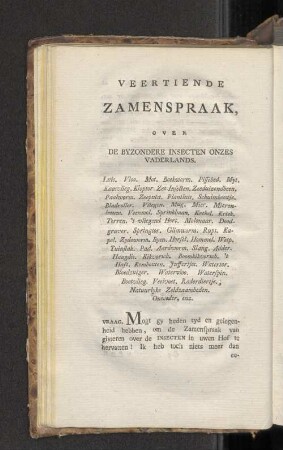 Veertiende Zamenspraak, over de byzondere Insecten onzes Vaderlands.