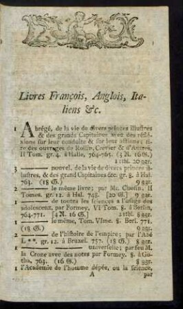 Livres Francois, Anglois, Italiens & c.