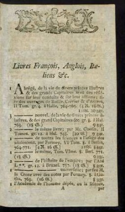 Livres Francois, Anglois, Italiens & c.