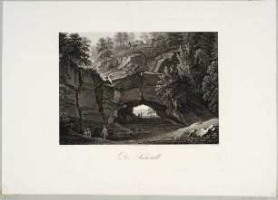 Das Felsentor Kuhstall auf dem Neuen Wildenstein zwischen Schmilka und dem Kirnitzschtal in der Sächsischen Schweiz von Norden, aus Rittners Dresden mit seinen Prachtgebäuden um 1810
