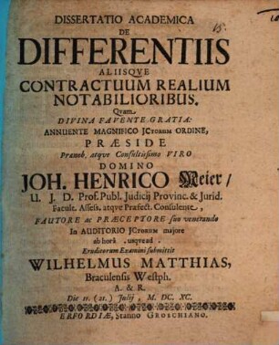Dissertatio academica De differentiis aliisqve contractuum realium notabilioribus