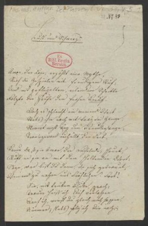 Handschriftliches Gedicht "Lust und Schmerz" [aus dem Nachlass von Beethoven]