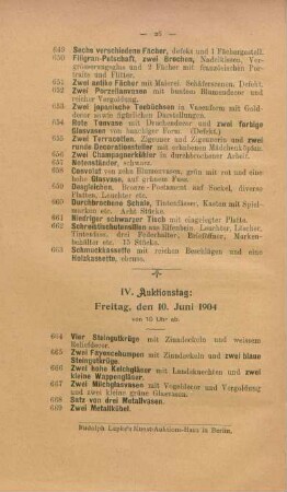 IV. Auktionstag: Freitag, den 10. Juni 1904 von 10 Uhr ab