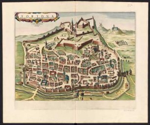 Stadtplan von Tortona, Italien, kolorierter Kupferstich, ca. 1730 : Tortona, Ville Du Duché de Milan, en Lombardie : Avec Privilege / Exactement Dessinée sur le Lieu, Mis au Iour Par le Soin de Pierre Mortier Libraire. - Amsterdam : Pierre Mortier, s.a. [ca. 1730]. - 1 Plan : Kupferstich ; 38 x 52 cm