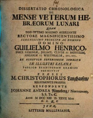 Diss. chronol. de mense veterum Hebraeorum lunari